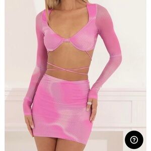 Lucy in the sky Jayda Mesh Two Piece Mini Skirt Set Pink Cropped Y2K sz XS/S